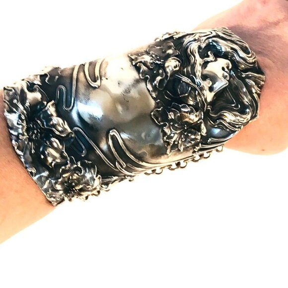 Antique Goddess Evangeline Sterling Silver Cuff Bracelet Victorian 925 Gladiator